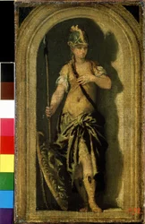 Minerva (Minerca). Hänen vieressään hänen kilpensä Gorgon Medusan pään kanssa. Paolo Veronesen (1528-1588) maalaus. Öljy kankaalle, 28 x 16 cm, noin 1560. Venetsialaista taidetta, italialaista renessanssia. Pushkinin taidemuseo, Moskova.