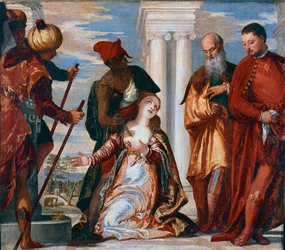 Pyhän Justinan marttyyrikuolema. Padovan pyhä Justina lävistetään miekaniskulla. (1528-1588)