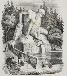 Apenniinien kolossi (Giambologna) Villa Demidoffin (Villa Medicea di Pratolino) puistossa, Vaglia, Toscana, Italia, Giovanni Marianin litografia julkaisusta Poliorama Pittoresco, nro 10, 15. lokakuuta