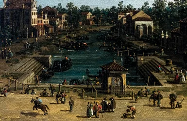 Näkymä Mestrestä ja Canale delle barche, yksityiskohta, n. 1755-1760 (öljy kankaalle)