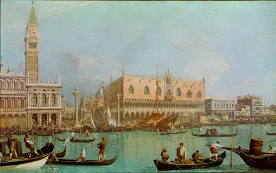 Myyrä ja Pyhän Markuksen altaan herttuapalatsi. Kanaalista otettu näkymä Venetsiaan, Dogen palatsille ja Pyhän Markuksen aukiolle. Giovanni Antonio Canal dit il Canaletton maalaus (1697-1768)