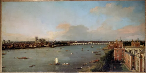 Näkymä Lontooseen ja Thamesille 18. vuosisadalla. Antonio Canalin, joka tunnetaan nimellä Canaletto (1697-1768), maalaus, 18. vuosisata - Lobkowicz-kokoelmat, Lobkowiczin palatsi, Praha - Mitat: korkeus 118 cm (46.5 in), leveys 238 cm (93.7 in)