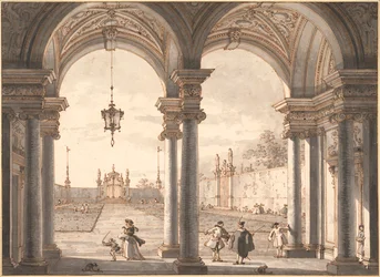 ""Näkymä barokkipylväikköstä puutarhaan"" (Näkymä barokkipylväikköstä puutarhaan) Kynäpiirros Antonio Canal dit Canaletto (1697-1768) 1760-1768 Koko 33,1x45,4 cm Albertina , Wien