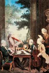Louis de Carmontellen (1717-1806) konsertti oboella, viululla, käyrätorvilla ja sellolla, vesiväri. Ranska