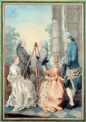Rouva ja neiti Chatelain, herra Brot ja herra de la Myre. Louis Carrogis Carmontellen akvarelli (1717-1806)