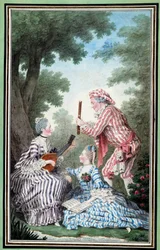 Madame de Meaux, Mademoiselle de Meaux ja Monsieur de Saint Quentin toistavat Louis Carrogis Carmontellen (1717-1806) koomista oopperaa Vesiväri 1700-luvun Chantilly, Musee Conde
