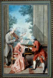 Mademoiselle Delou, Monsieur Philippe ja Monsieur de Texier Herrasmies kunnioittaa nuorta pianistia. Louis Carrogisin akvarelli, Carmontelle (1717-1806) 1700-luvun Pariisi, Musee Carnavalet - Mademoiselle Delou, Monsieur Philippe ja Monsieur d