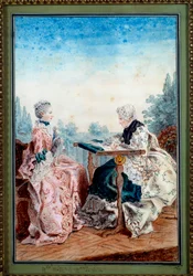 Mademoiselle Melin ja Mademoiselle de Laleu tekevät Louis carrogis dit Carmontellen (1717-1806) akvarellitaustaa 1759. Paris, Musee Carnavalet