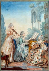 Säveltäjä Joseph Nicolas Pancrace Royerin (1705-1755) kolme tytärtä esittävät Louis Carrogis Carmontellen (1717-1806) baletin Zaide Aquarelle partituurin 1760 Pariisi, Musee Carnavalet