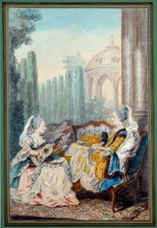 Kaksi nuorta tyttöä tekevät akvarellimusiikkia Louis carrogis dit Carmontellen (1717-1806) 1700-luvulla. Pariisi, Musee Carnavalet