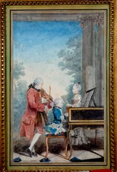 Wolfgang Amadeus Mozart (1756-1791) lapsena soittamassa pianoa isänsä ja sisarensa kanssa