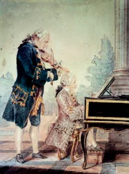 Wolfgang Amadeus Mozart (1756-1791) soittaa lapsena pianoa isänsä Leopoldin kanssa. Louis Carrogis Carmontellen (1717-1806) akvarelli, 1777, Pariisi, Musée Carnavalet