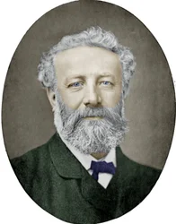 Jules Verne (1828-1905) ranskalainen kirjailija, valokuva Nadar, värillinen kuva
