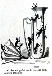 Musta lääkäri haavoittaa herra Saxia. Adolphe (Adolph) Sax, saksofonin keksijä (1814-1894).