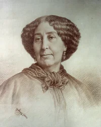 Kirjeiden naisen muotokuva George Sand (1804-1876) Aurore Dupin, Baroness Dudevant Piirustus Rene Jouhan (1835-?) Nadarin valokuvasta