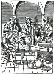 Vesikidutus, Joos de Damhouderin (1507-81) teoksen "Praxis Rerum Criminalium" puupiirroksen mukaan, julkaistu Antwerpenissä.