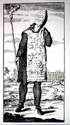 Inkvisition kuolemaan tuomitsema noita, kopio kuvasta "A Complete History of the Inquisition", Lontoo 1736, käytetty "History of Magic" -kirjassa, julkaistu 1800-luvun lopulla (kaiverrus)