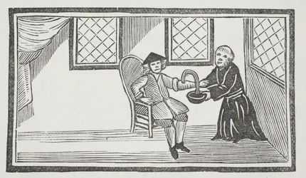 Esitys petollisesta munkista, joka vuotaa hänet kuoliaaksi, kuvitus John Ashtonin pubista "Chap-books of the Eightenth Century". 1882 (litho)