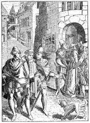 Provostin vankila, rue de la Tannerie, Pariisi, Joose de Damhouderin (1507-81) julkaiseman Antwerpenin teoksen "Praxis Rerum Civilium" puupiirroksen mukaan.