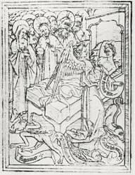 Kuvitus Lionel Custin teoksesta "The Master E.S. and the Ars moriendi"
