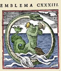 Triton ja ouroboros, kuvitus "Emblems" (Vihkon tunnukset) Andrea Alciati (värinen lito)