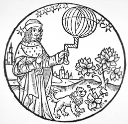 Ihanteellinen Aristoteleen muotokuva (384-322 eKr.), kopio kuvasta "Aristoteles cum Leonardi Aretini Commentariis", Venetsia 1516, käytetty "Magian historiassa", julkaistu 1800-luvun lopulla (puupiirros)