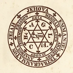 Okkulttiset tieteet: maaginen ympyrä. Kaavio saksalaisen okkultismin tutkijan Heinrich Cornelius Agrippa von Nettesheimin (1486-1535) teoksesta "De Occulta Philosophia" (tunnetaan nimillä Cornelius Agrippa ja Agrippa von Nettesheim)