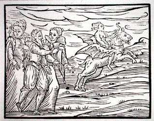 Noita pirullisen vuohen selässä, kopio kuvituksesta, joka on peräisin F. Guacciuksen vuonna 1608 Milanossa julkaisemasta "Compendium Maleticarum" -teoksesta, jota on käytetty 1800-luvun lopulla julkaistussa "History of Magic" -teoksessa (puupiirros).