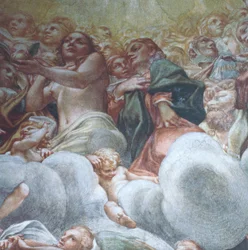 Eevan hahmo, yksityiskohta Neitsyt taivaaseen ottamisesta, Antonio Allegri Da Correggio (1489-1534), fresko, Parman katedraalin kupoli, Italia