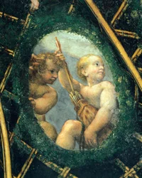 Soikea ja kerubeja, fresko Antonio Allegri Da Correggio (1489-1534) Abbessin huone, San Paolon luostari, Parma, Italia