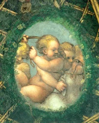 Soikea ja kerubeja, fresko Antonio Allegri Da Correggio (1489-1534) Abbessin huone, San Paolon luostari, Parma, Italia