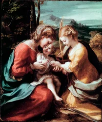 Pyhän Katariina Aleksandrialaisen mystiset häät. Noin 1520. Mitat: 28,5 x 23,5 cm. Napoli, Museo di Capodimonte