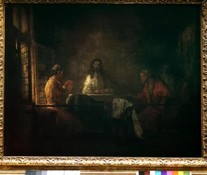 Emmauksen pyhiinvaeltajat Kristus ilmestyy pyhiinvaeltajille, jotka istuvat pöydän ääressä emmauslaisen majatalon ääressä. Harmensz van Rijn dit Rembrandtin (1606-1669) työpajan maalaus
