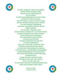 Jalo, tietoinen rakkaus tuo meille rauhaa, iloa ja hiljaisuutta kotimaassamme Itävallassa ja kaikissa maailman maissa.