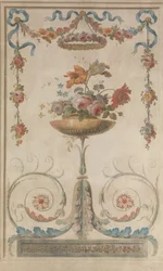 Kukkamaljakko lehtikääröjen päällä, 1770-90.