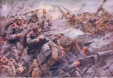 Preussilaisen kaartin tappio Zonnebekessä, julkaisusta History of the Great War Vol 3, julkaisija Waverley Book Co Limited, n. 1920