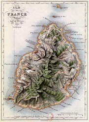 Mauritiuksen kartta, kuvitus Henri Bernardin de Saint-Pierren (1737-1814) teoksesta "Paul et Virginie", kaivertanut Dyonnet, 1836