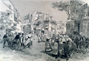 Mascagnin oopperan Cavalleria rusticanan viimeinen kohtaus Teatro alla Scalassa vuonna 1891