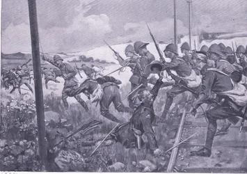 Skottien fusiliareiden panos Fredrikstadissa, kuva elokuvasta After Pretoria: The Guerilla War, 1902