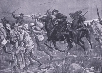 De Wetsin kohtelu brittiläisten sotavankien marssilla, kuvitus teoksesta Pretorian jälkeen: sissisota, 1902.