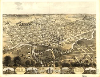Fort Waynen kaupunki lintuperspektiivistä, Indiana 1868. LOC 73693381