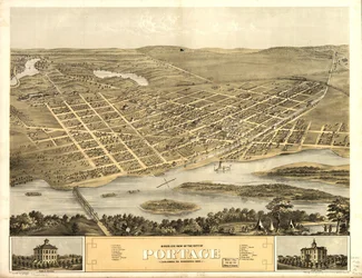 Portagen kaupungin lintuperspektiivistä, Columbia Co., Wisconsin 1868. LOC 73694548