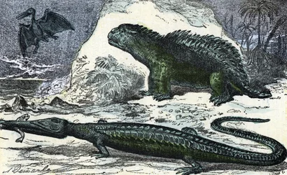 Esihistoria: jurakaudelta peräisin olevan teleosaurin (pitkänomainen kuono) ja hylaeosaurin kuvaus. Kaiverrus Rengaden teoksesta "Luonto ja ihminen", 1881, yksityiskokoelma