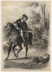 Jacques Amyot (1513-1593), pelasti 10-vuotiaana matkustajan toimesta. Kaiverrus A. Duruy teoksessa "" Literary Illustrations of France; tai Anekdootti galleria tärkeimmistä kirjoittajistamme, jotka ovat kiinnostuneita heidän teoistaan ​​ja heidän kirjoituk