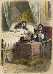 Ludvig XIV Ranskan kuningas halusi kuulla Jean Racinen lukevan ja toi hänet sisään hänen ollessaan sairaana. Kaiverrus A. Duruy teoksessa "" Literary Illustrations of France; kulta, Anekdootti galleria tärkeimmistä kirjoittajistamme, jotka ovat kiinnostune