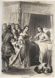 Madame Deshoulieres, Antoinette Ligier de La garde (1637-1694) oli seurueensa täynnä kysymyksiä haamujen pelossa vietetyn yön jälkeen. Kaiverrus A. Duruy kirjassa "" Illustrations litteraires de la France; tai Galerie alecdotique de nos pr