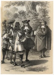 Jean Racinen (1639-1699) ja Pierre Corneillen (1606-1684) tapaaminen Pariisissa. Kaiverrus A. Duruy teoksessa "" Literary Illustrations of France; kulta, Anekdootti galleria tärkeimmistä kirjoittajistamme, jotka ovat kiinnostuneita heidän teoistaan ​​ja he
