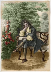 Nicolas Boileau (1636-1711) dit Boileau-Despreaux (Boileau Despreaux), ranskalaisen kirjailijan muotokuva hänen talossaan Auteuilissa. Kaiverrus A. Duruy teoksessa "" Literary Illustrations of France; tai, anekdoottinen galleria tärkeimmistä kirjoittajista