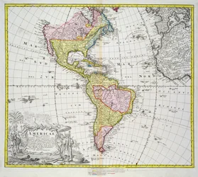 Amerikan kartta, julkaissut Homann, 1746 (värikaiverrus)