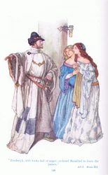 Frederick vihaisen näköisenä käski Rosalindin poistumaan palatsista (As You Like It), Tales from Shakespeare -pubista. kirjoittanut Ward Lock & Co Ltd